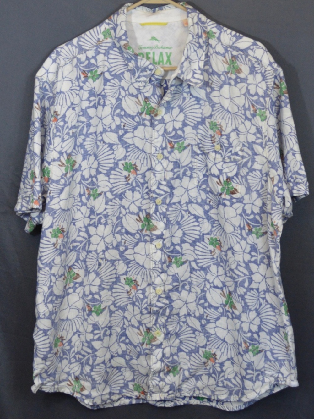 Tommy Bahama Relax Linen Reverse Print Floral Hawaiian Camp Shirt Blue Size XL
